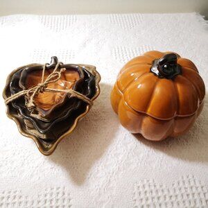 Cindy Crawford Pumpkin Jar and Leaf Shaped Stackable Nesting Trinket Dishes‎